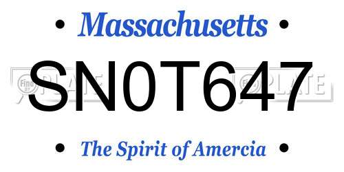 SN0T647 Massachusetts License Plate
