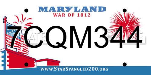 7CQM344 Maryland License Plate