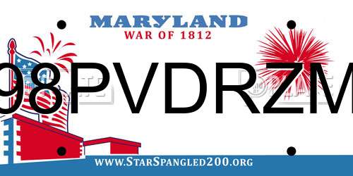 98PVDRZM Maryland License Plate