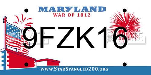 9FZK16 Maryland License Plate