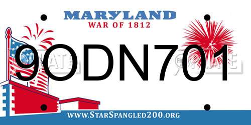 9ODN701 Maryland License Plate