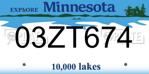 03ZT674 Minnesota License Plate