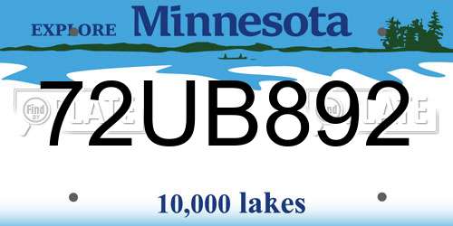 72UB892 Minnesota License Plate