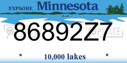 86892Z7 Minnesota License Plate