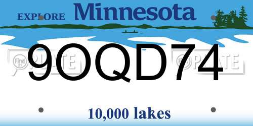 9OQD74 Minnesota License Plate