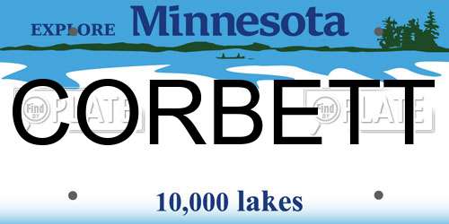 CORBETT Minnesota License Plate