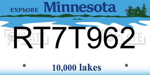 RT7T962 Minnesota License Plate