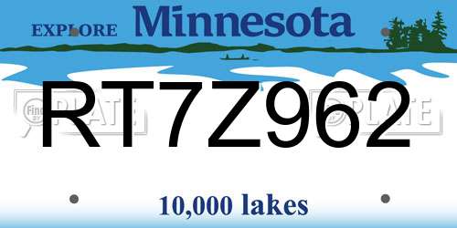 RT7Z962 Minnesota License Plate