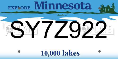 SY7Z922 Minnesota License Plate
