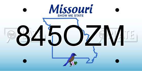 845OZM Missouri License Plate