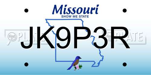 JK9P3R Missouri License Plate