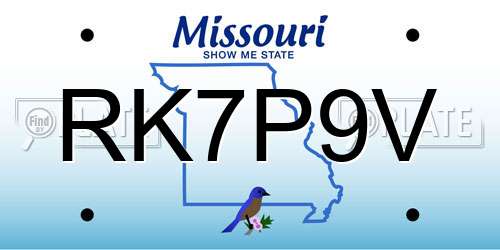 RK7P9V Missouri License Plate