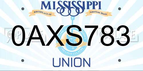 0AXS783 Mississippi License Plate