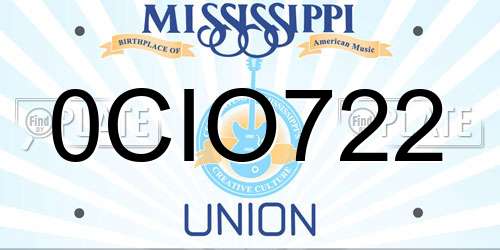 0CIO722 Mississippi License Plate