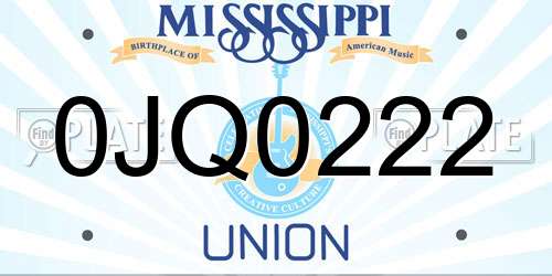 0JQ0222 Mississippi License Plate
