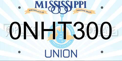 0NHT300 Mississippi License Plate