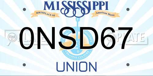 0NSD67 Mississippi License Plate