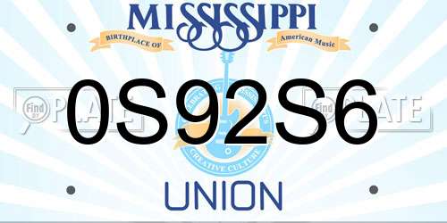 0S92S6 Mississippi License Plate