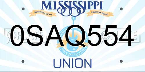0SAQ554 Mississippi License Plate