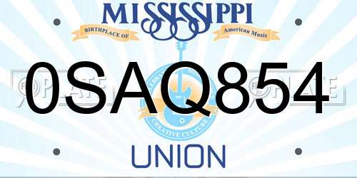 0SAQ854 Mississippi License Plate