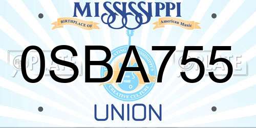 0SBA755 Mississippi License Plate