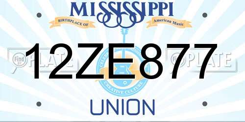 12ZE877 Mississippi License Plate