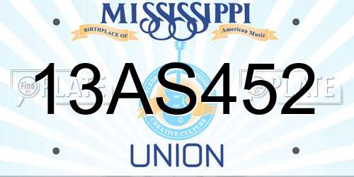 13AS452 Mississippi License Plate