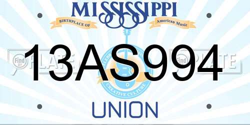 13AS994 Mississippi License Plate