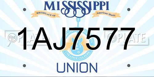 1AJ7577 Mississippi License Plate