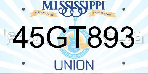 45GT893 Mississippi License Plate