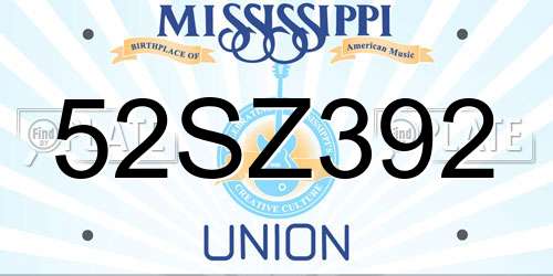 52SZ392 Mississippi License Plate