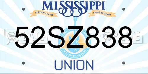 52SZ838 Mississippi License Plate