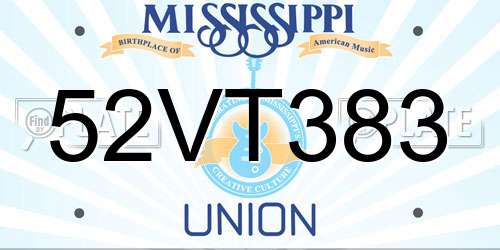 52VT383 Mississippi License Plate