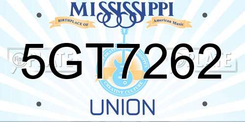 5GT7262 Mississippi License Plate