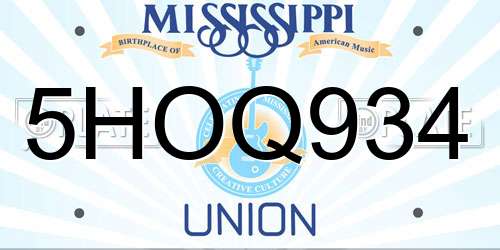 5HOQ934 Mississippi License Plate