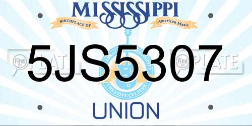 5JS5307 Mississippi License Plate