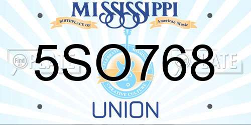 5SO768 Mississippi License Plate