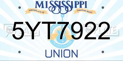 5YT7922 Mississippi License Plate