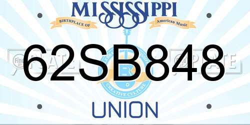62SB848 Mississippi License Plate