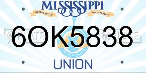 6OK5838 Mississippi License Plate