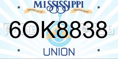 6OK8838 Mississippi License Plate