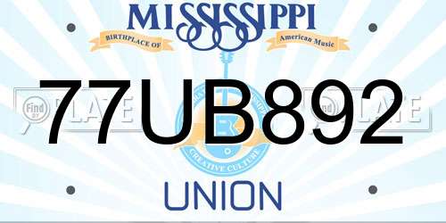 77UB892 Mississippi License Plate