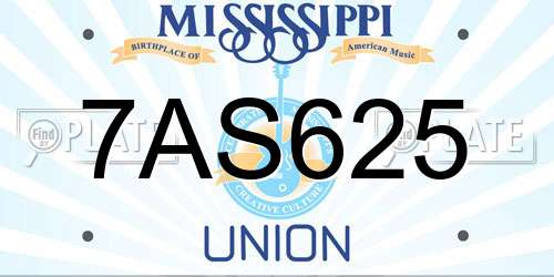 7AS625 Mississippi License Plate