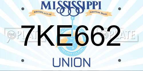 7KE662 Mississippi License Plate