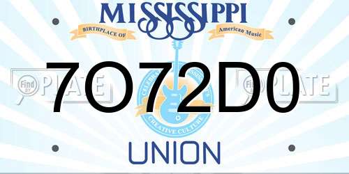 7O72D0 Mississippi License Plate