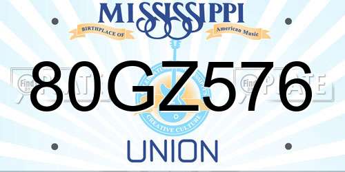 80GZ576 Mississippi License Plate