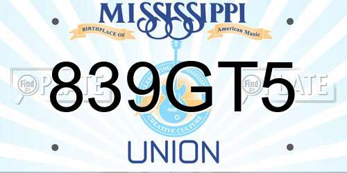 839GT5 Mississippi License Plate