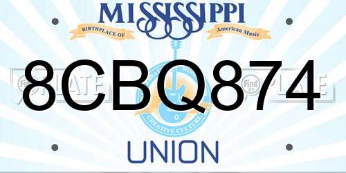 8CBQ874 Mississippi License Plate