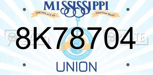 8K78704 Mississippi License Plate