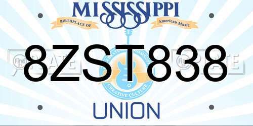 8ZST838 Mississippi License Plate
